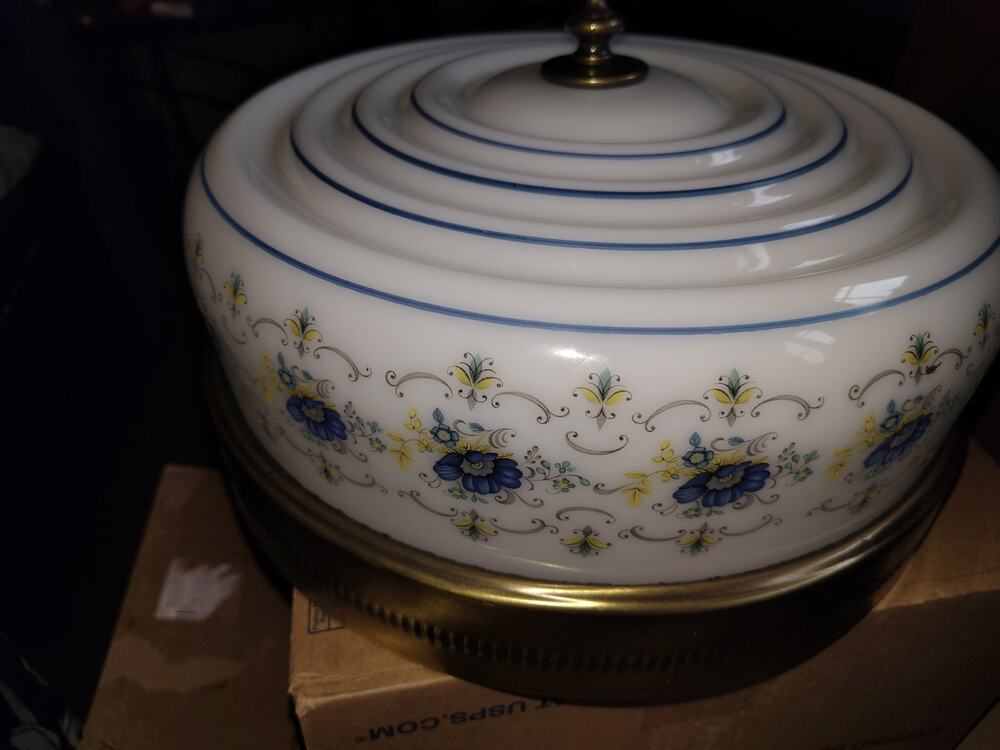 Vintage 1980s Blue Floral Milk Glass Flush Mount Ceiling Light Brass Trim Dome